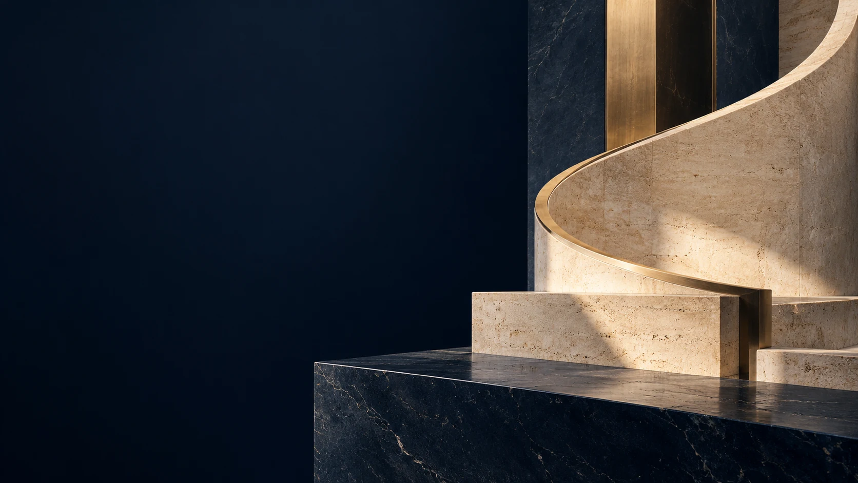 An architectural study in navy stone, ivory travertine and brushed brass.