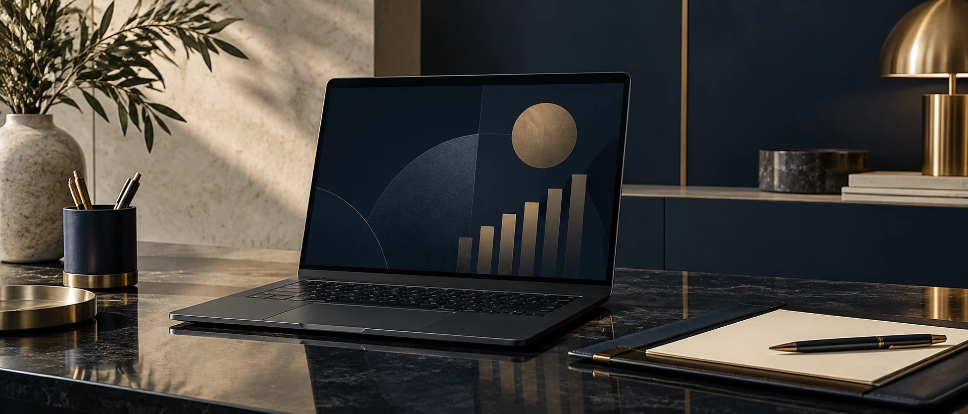 A laptop with illustrative, nonnumeric financial shapes beside a cream folio.