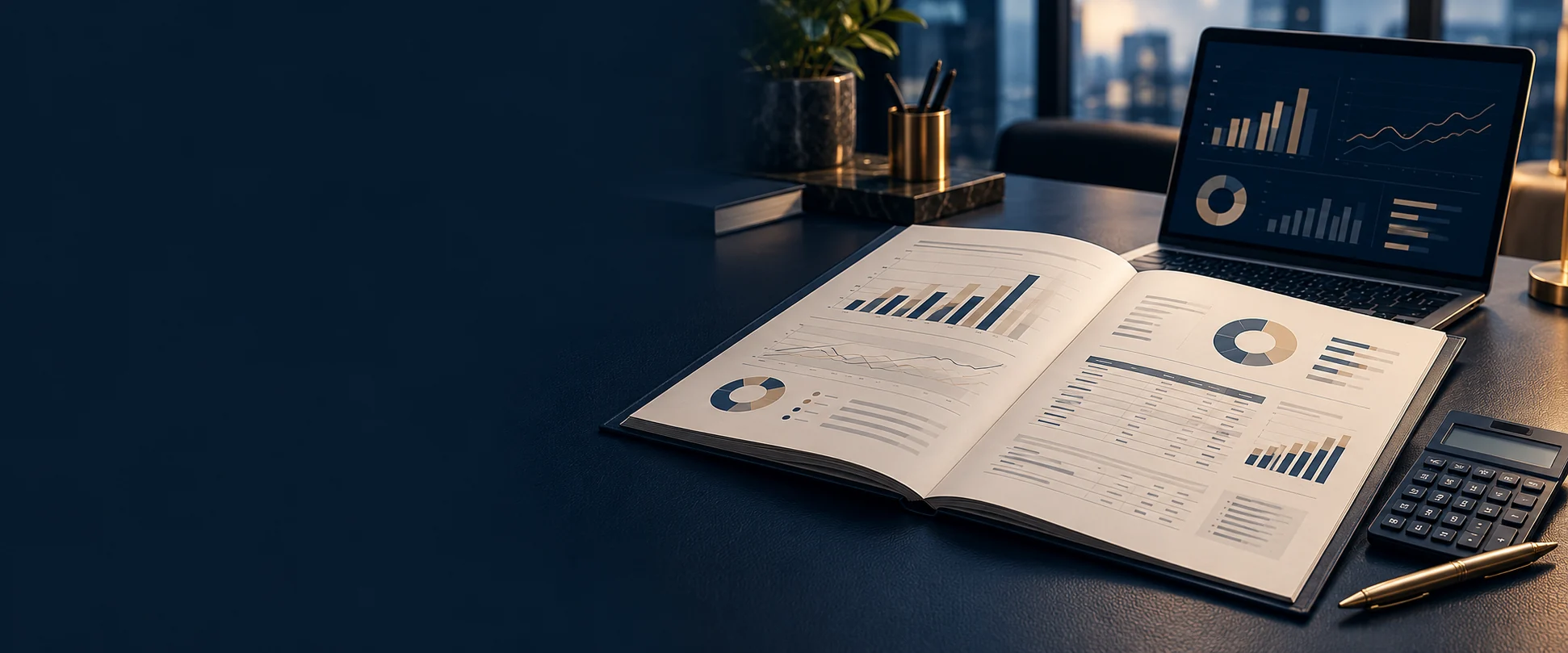 A conceptual financial advisory workspace with an open financial report, calculator, brass pen and reporting screen in navy and ivory.