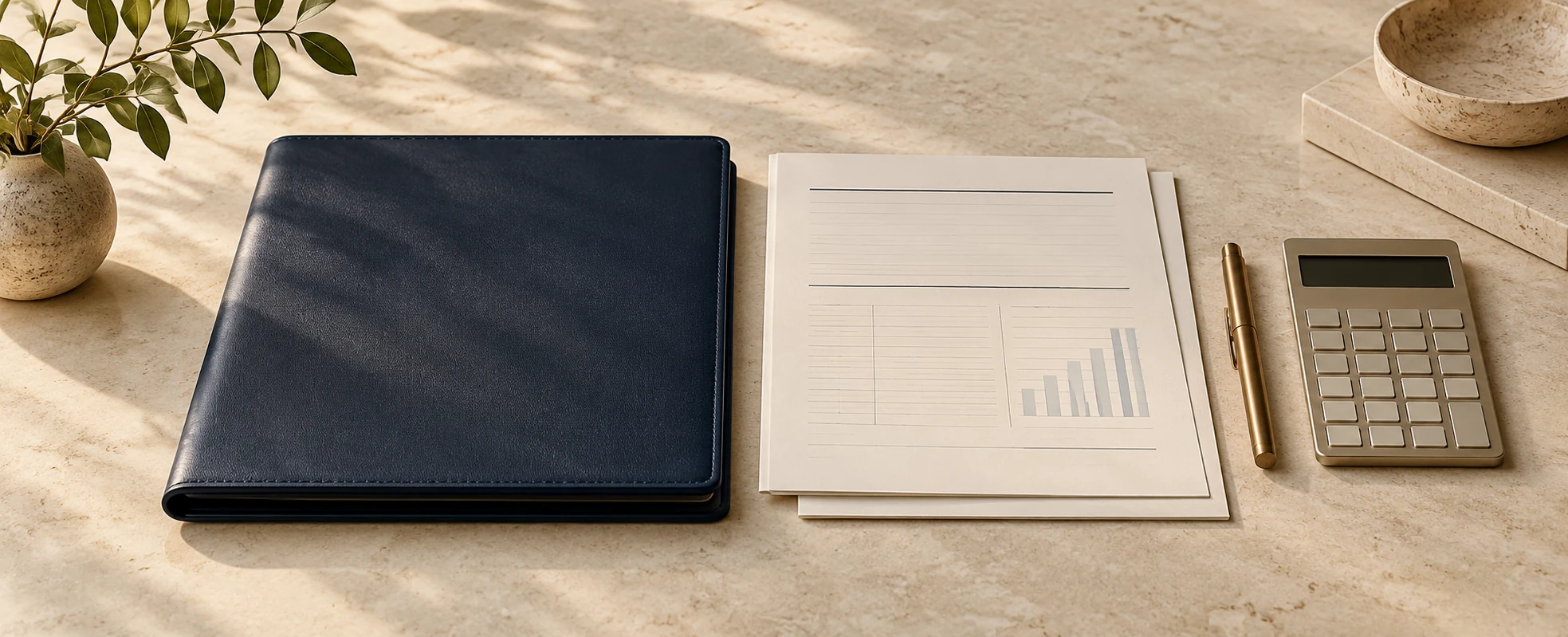 A navy folio, cream report pages, pen and calculator arranged on a stone desk.