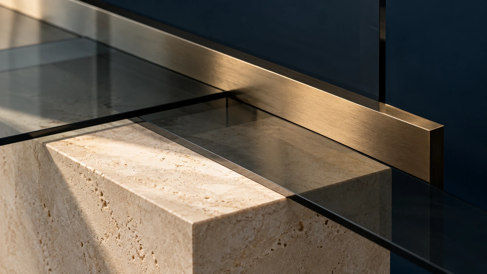 Aligned glass, stone and brass, expressing precision and the relationship between individual details and the whole.